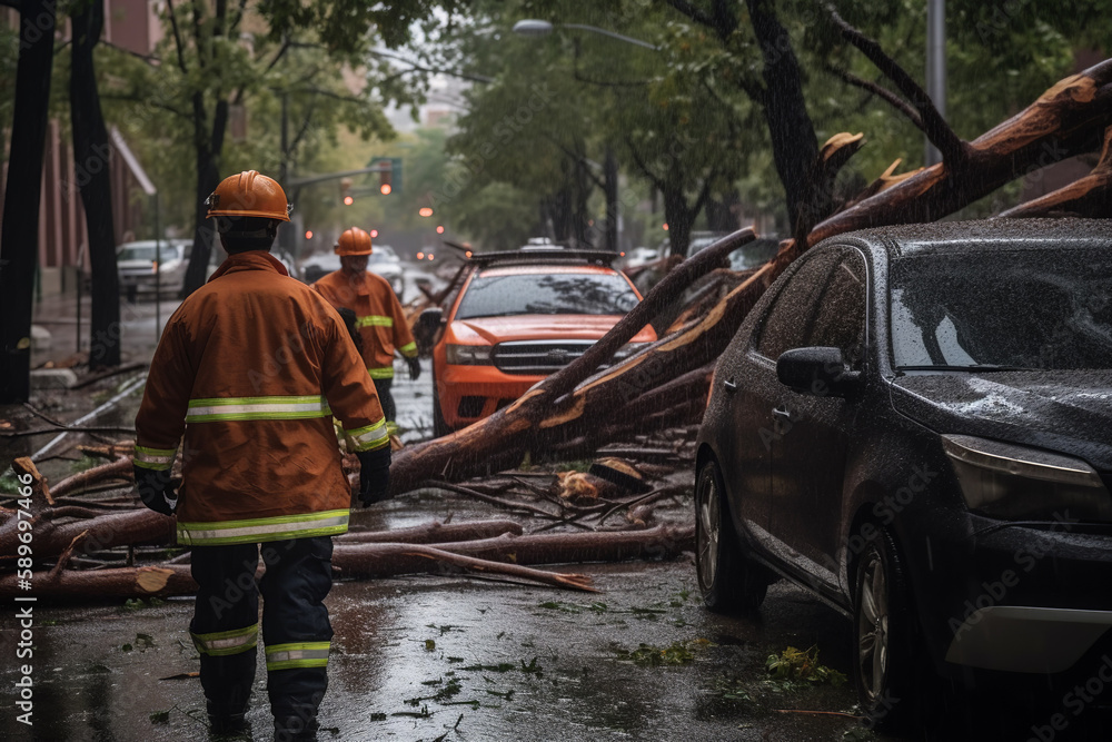 Back view of firefighters helping to clear fallen trees off cars in the aftermath of a stormy, rainy day. Generative AI Back view of firefighters helping to clear fallen trees off cars in the aftermath of a stormy, rainy day. Generative AI