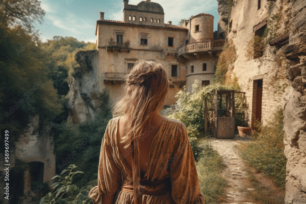 Boho girl walking at a medieval castle, rear view. Travel light with ease and let nature guide you concept. Generative AI