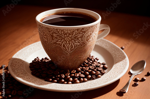 Cup of coffee with coffee beans. Hot aromatic tonic drink. Generative AI.