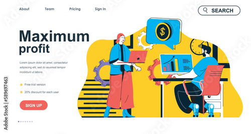 Maximum profit concept for landing page template. Man and woman earn money and increase income. Financially success business people scene. Vector illustration with flat character design for web banner