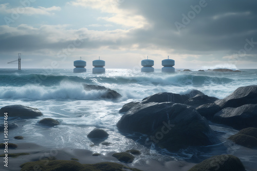 The rocky coast while promoting sustainable energy practices with offshore wave energy converters. A stunning landscape captures the harmony between nature and technology. Generative AI