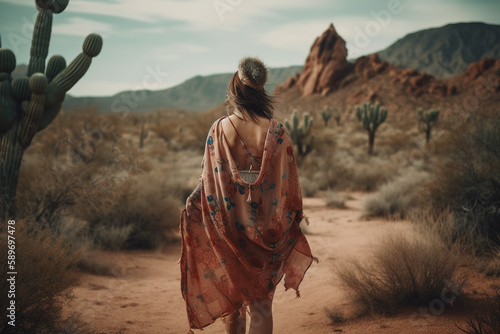 Boho girl walking at a dusty desert landscape with cacti and red rocks, rear view. Travel light with ease and let nature guide you concept. Generative AI © yarohork