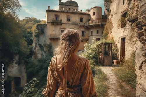 Boho girl walking at a medieval castle, rear view. Travel light with ease and let nature guide you concept. Generative AI