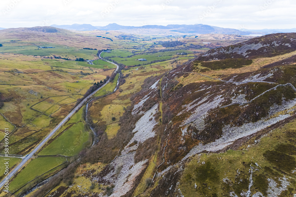 Panorama landscape Snowdonia National Park Wales United Kingdom. Aerial Drone View. High quality photo