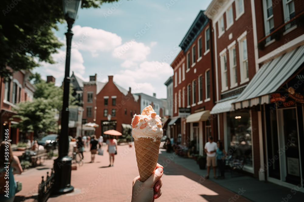 A person holds a delicious ice cream cone in their hand while strolling through a charming historic downtown district.