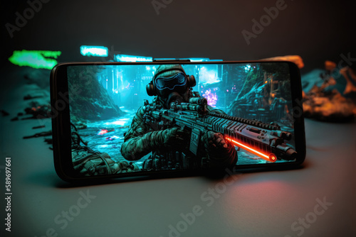 Professional mobile gaming and streaming concept. Mobile phone with battle royale shooting game character with gun on display in neon light. Esports, cybersport. Generative AI