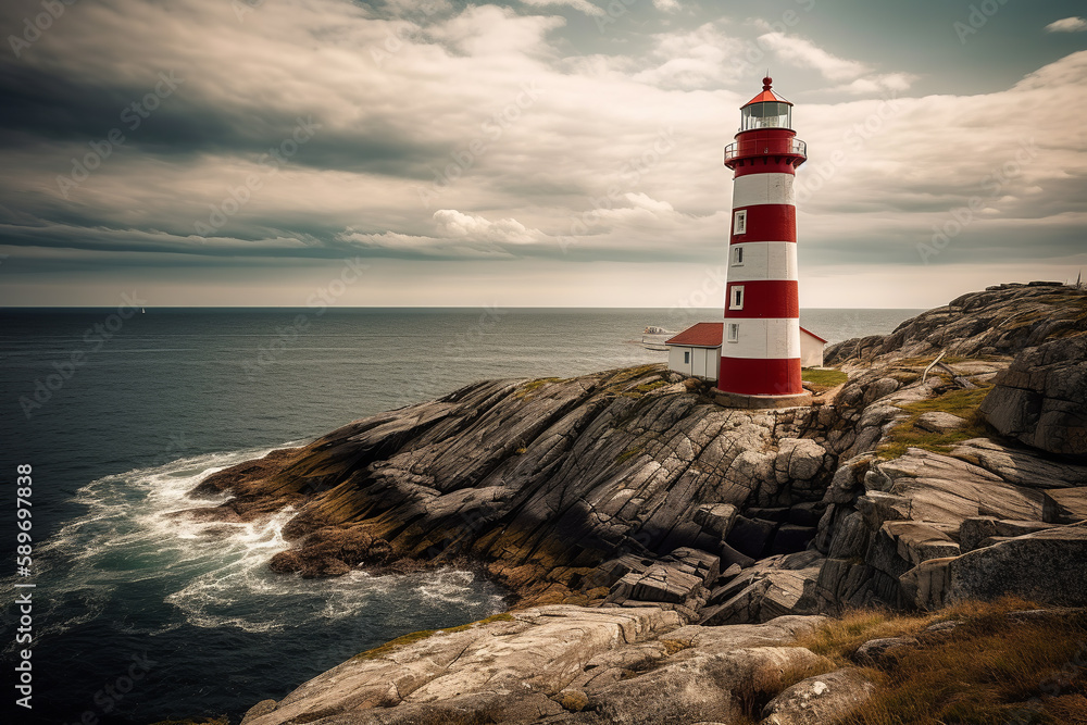 Naklejka premium The strength and beauty of a lighthouse tower, perched on a rocky cliff and overlooking the endless blue of the ocean. Generative AI