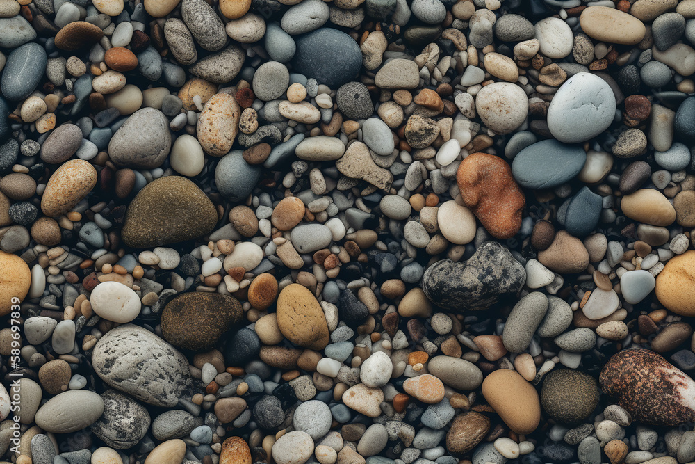 Texture of sea pebbles, arranged in a moody background. The combination of earthy colors, smooth textures, and soft lighting. A calming and relaxing zen atmosphere. Generative AI Texture of sea pebbles, arranged in a moody background. The combination of earthy colors, smooth textures, and soft lighting. A calming and relaxing zen atmosphere. Generative AI