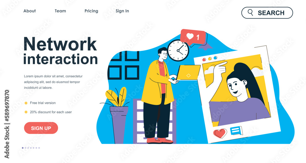 Network interaction concept for landing page template. Man likes post with woman photo on social networks. Blog followers people scene. Vector illustration with flat character design for web banner