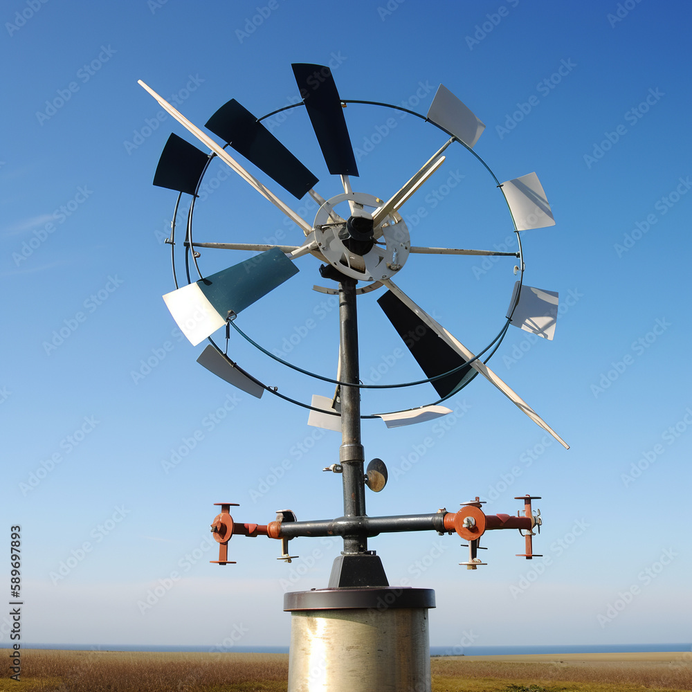 A closeup view of wind vanes on small horizontal axis wind turbines. The wind vanes help the turbines to automatically adjust to the direction of the wind.