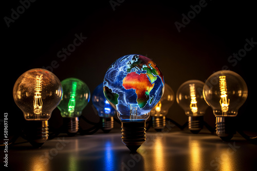 The complex network of energy exchange between countries, interconnected world. The broad lighting and bulb with a world map decoration as the distribution of energy across continents. Generative AI