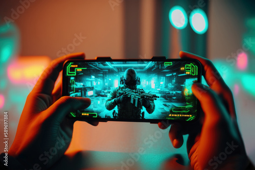 Male gamer holding smartphone with shooting mobile video game on screen, playing online spending leisure time. Professional mobile gaming, esports, cybersport and streaming. Generative AI