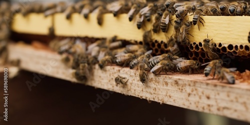 Macro shot of beehive with bees coming in and out of the hives small openings, concept of Insect behavior, created with Generative AI technology