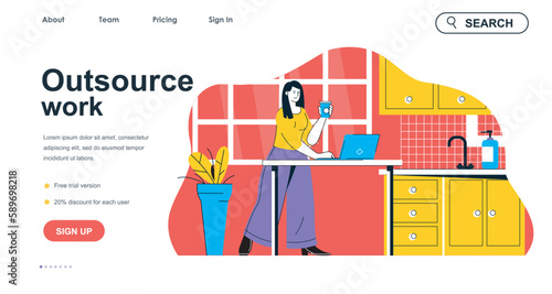 Outsource work concept for landing page template. Woman remote worker working in kitchen. Freelancer works at home office people scene. Vector illustration with flat character design for web banner