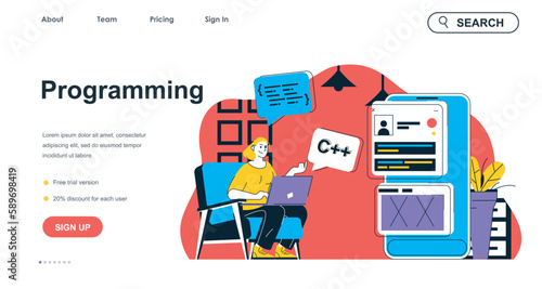 Programming concept for landing page template. Woman writing code and creating mobile app interface. Software development people scene. Vector illustration with flat character design for web banner