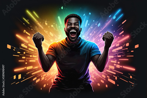 Leinwand Poster Cartoon illustration of happy excited african american gamer or bet winner shouting yes with clenched fists after winning competition isolated on background with colorful neon lights
