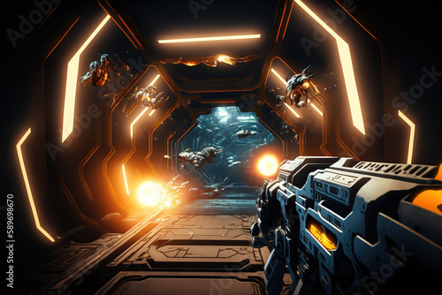 Sci-fi video game gameplay, first person view shooter with futuristic rifle in hands opening fire in tunnel of spaceship. Gaming, cybersport. Generative AI