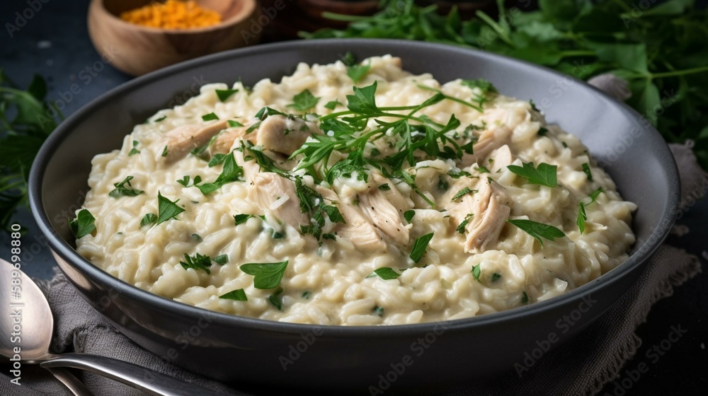 A bowl of creamy risotto with tender pieces of chicken and fragrant herbs. Generative AI