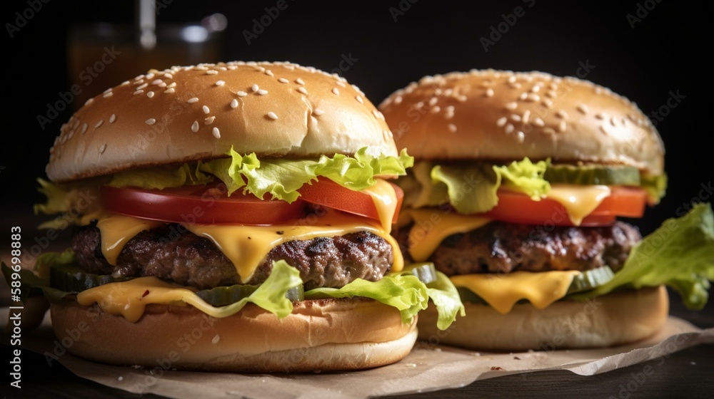 A plate of juicy burgers with melted cheese, crisp lettuce, and fresh tomato slices. Generative AI A plate of juicy burgers with melted cheese, crisp lettuce, and fresh tomato slices. Generative AI