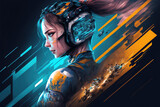 Game event design poster, woman with headphones cyber punk style. Profile view wallpaper of cyber sport female player in stylish costume and headset on blue background. Generative AI