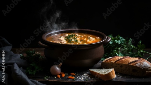 A bowl of hearty soup with steam rising from the top, surrounded by freshly baked bread and herbs. Generative AI