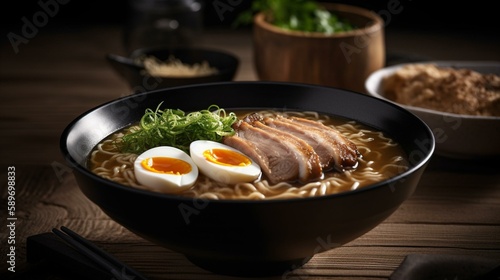 A bowl of ramen with slices of tender pork, a perfectly boiled egg, and steaming broth. Generative AI