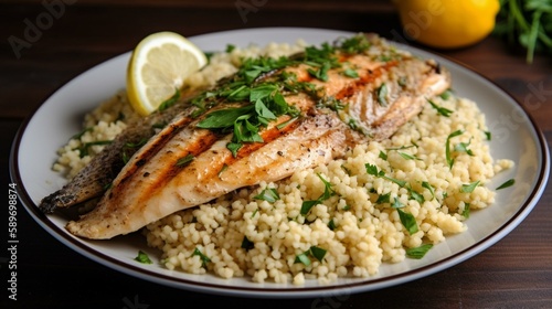 A plate of grilled fish with a side of lemony couscous and a sprinkle of fresh herbs. Generative AI