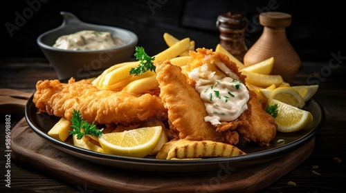 A plate of crispy fish and chips with a side of tartar sauce and lemon wedges. Generative AI