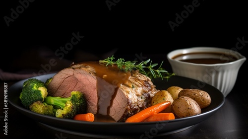 A plate of succulent roast beef with a side of roasted vegetables and gravy. Generative AI