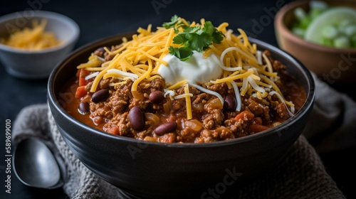 A bowl of hearty chili with ground beef  beans  and a dollop of sour cream  garnished with shredded cheese and scallions. Generative AI