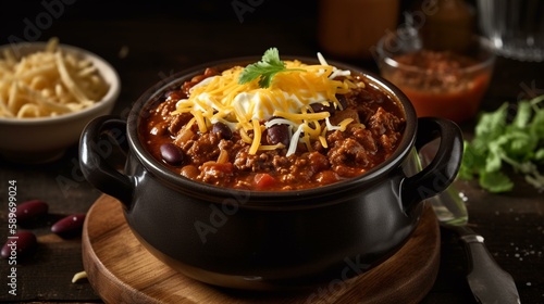A bowl of hearty chili with ground beef, beans, and a dollop of sour cream, garnished with shredded cheese and scallions. Generative AI