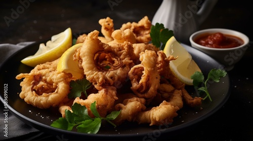A plate of crispy fried calamari with a side of marinara sauce and lemon wedges. Generative AI photo