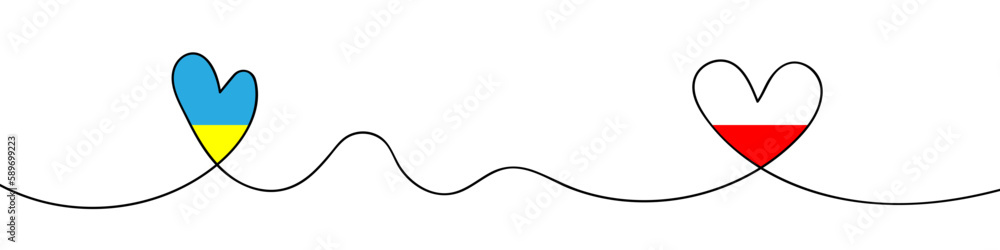 Ukrainian and Polish flag horizontal banner. Heart shape drawn in one line vector illustration.