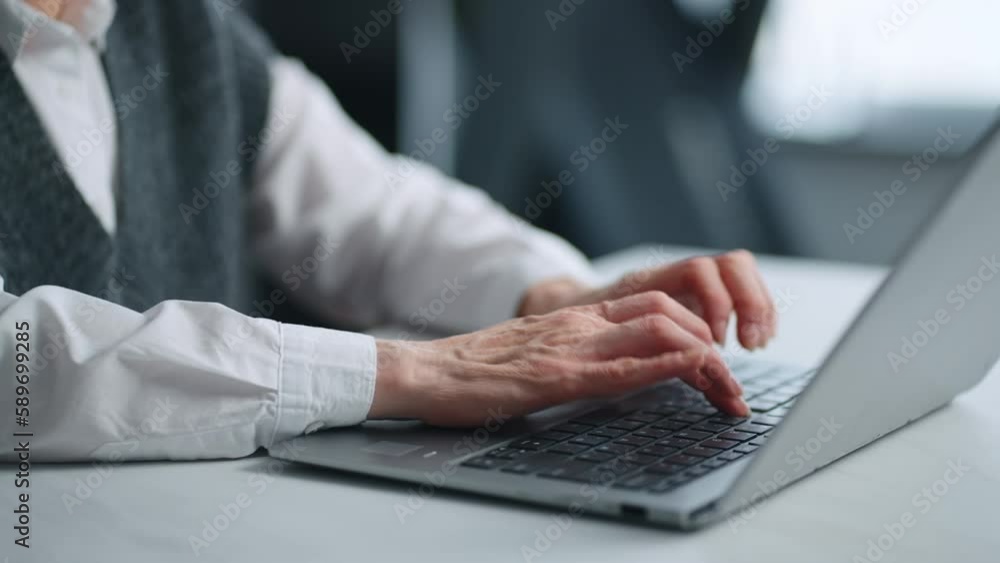 Elderly Woman Typing And Sending Email By Internet, Closeup View Of Female Hands On Laptop Elderly Woman Typing And Sending Email By Internet, Closeup View Of Female Hands On Laptop
