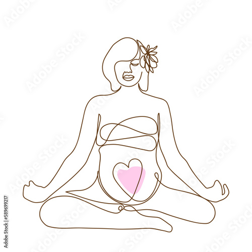 Pregnant woman makes yoga and meditation. One line drawing