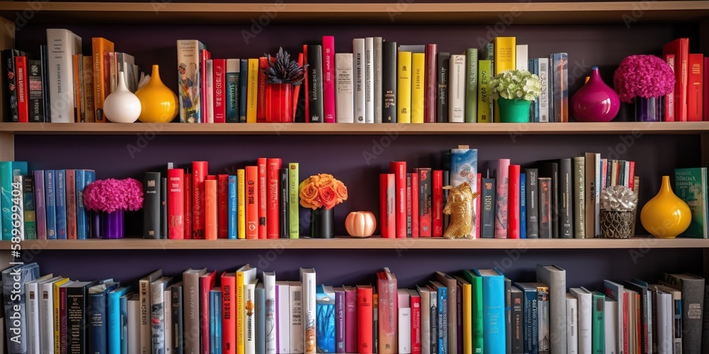 Home library shelf with colorful books, concept of Personal library and Colorful books, created with Generative AI technology Home library shelf with colorful books, concept of Personal library and Colorful books, created with Generative AI technology