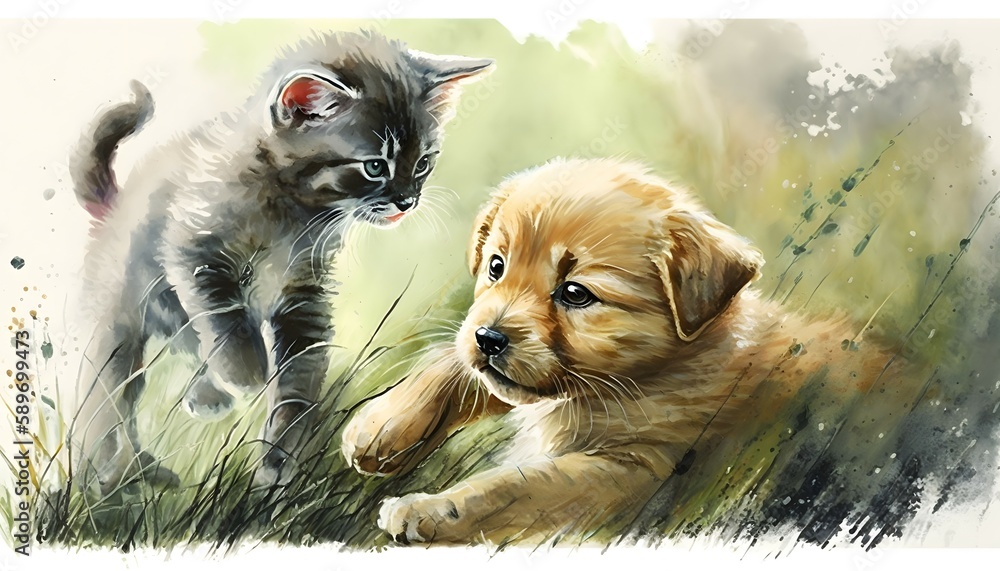 Obraz premium golden retriever puppy playing with a little cat outdoors, watercolor painting, generative ai