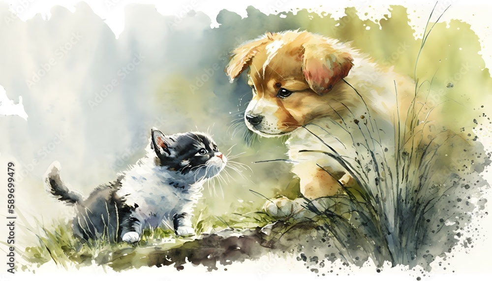 Obraz premium dog playing with a cat outdoors, wildlife, water color painting , generative ai