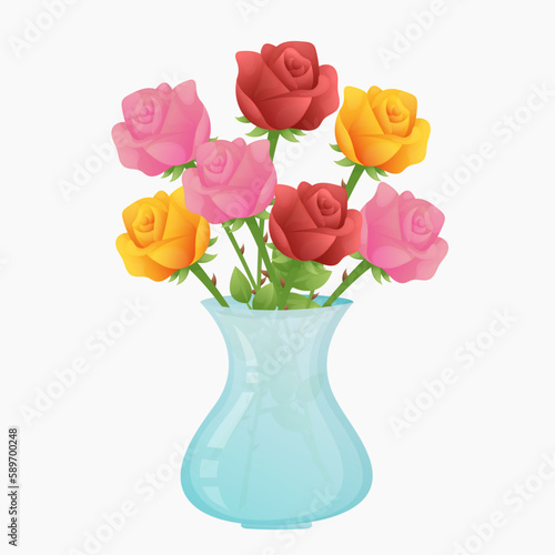 Colorful red, yellow, pink roses in a vase on a white background. Cute spring flowers. Simple postcard with bright colorful roses. Greeting card for florist or shop
