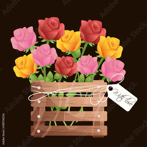 Colorful red, pink, yellow roses in a wooden box with a white ribbon and a note with love. Spring bright flowers for postcard. Greeting card for florist or shop. Roses in a wooden crate