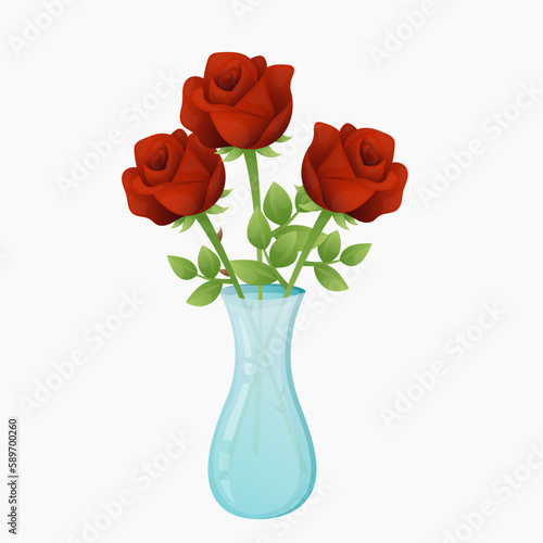 Red roses in a vase on a white background. Cute spring flowers. Simple postcard with bright red roses. Greeting card for florist or shop