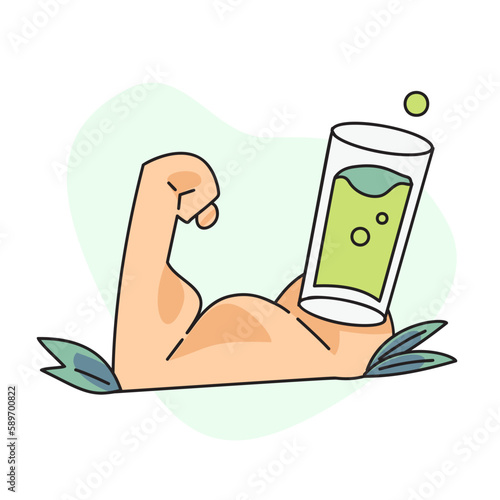 flat vector illustration, hands clenched healthy by drinking fruit juice.