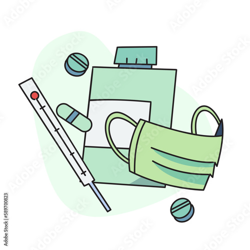 flat vector illustration, mask, pill case and thermometer.