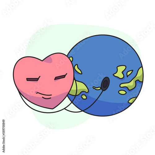 flat vector illustration, cute heart using stethoscope checking globe.