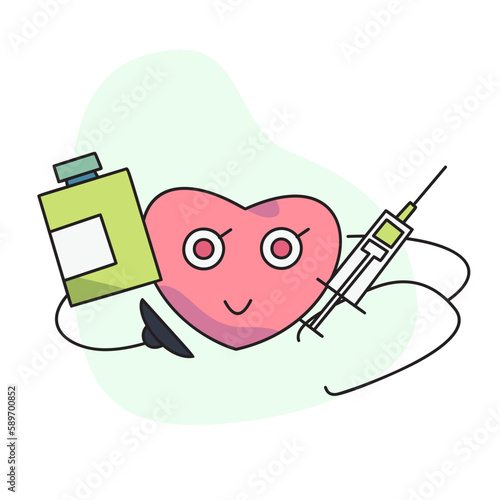 flat vector illustration, cute heart holding vaccine injection with stethoscope and pill container.