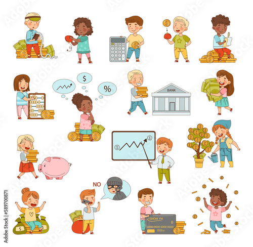Financial Literacy with Little Children Dealing with Money Cash Big Vector Set
