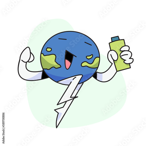 flat vector illustration, cute globe holding drinking water or juice.