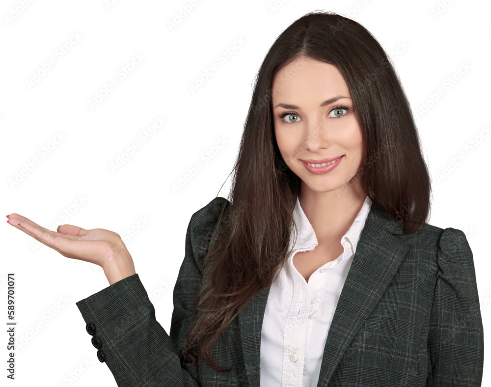 Business woman pointing  to copyspace on white background