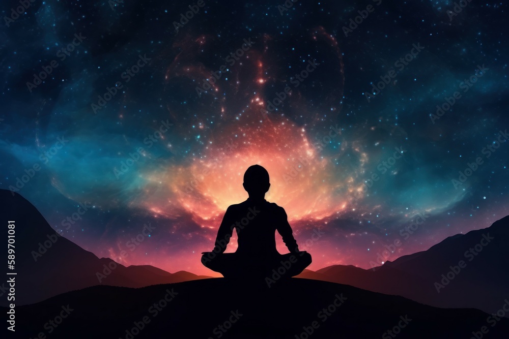 Silhouette of men in Lotus position on the abstract positive energy background . AI generated, human enhanced. Silhouette of men in Lotus position on the abstract positive energy background . AI generated, human enhanced.