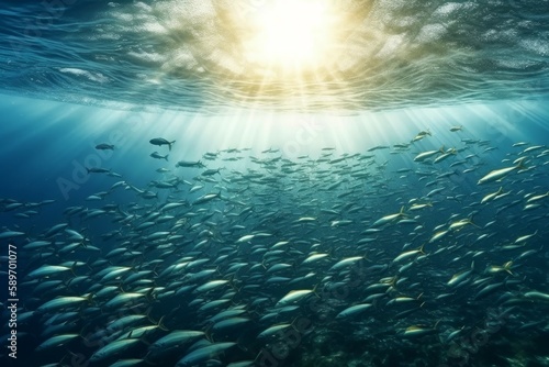 School of fish swimming under water of sea. School sardinella fish swims in underwater. AI generated  human enhanced